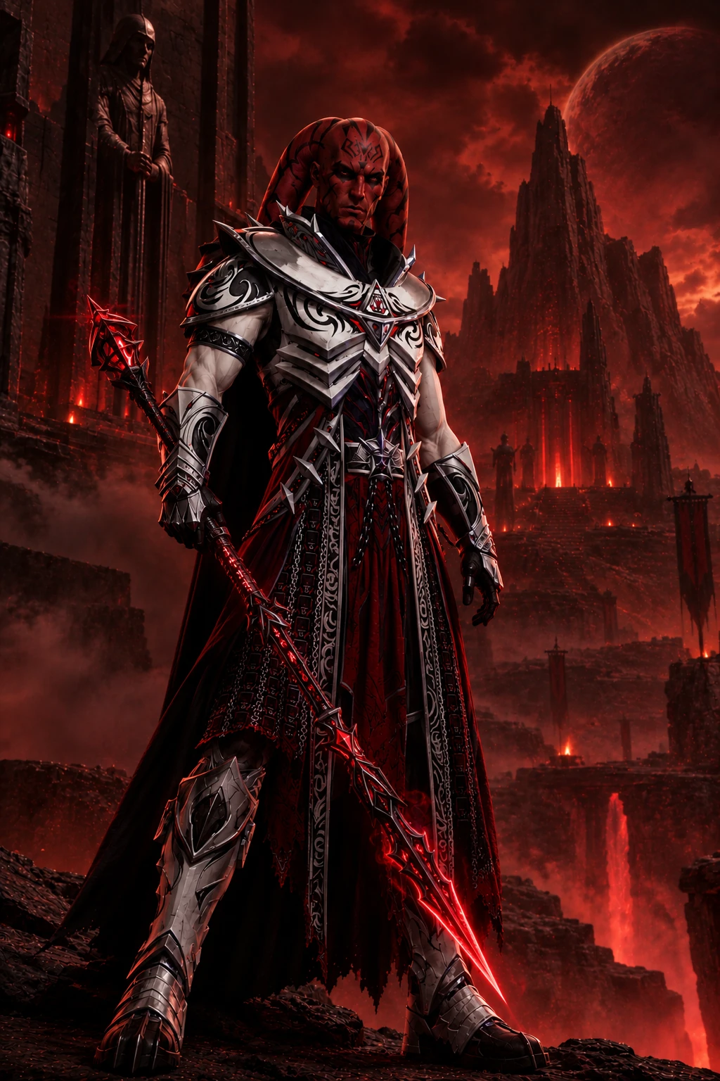 Körvath Nor'Drëma sur Korriban : Twi'lek à la peau rouge et aux lekku tatoués, en armure blanche et argentée gravée de noir sur une robe rouge, une longue cape noire et une lance à lame rouge à la main.